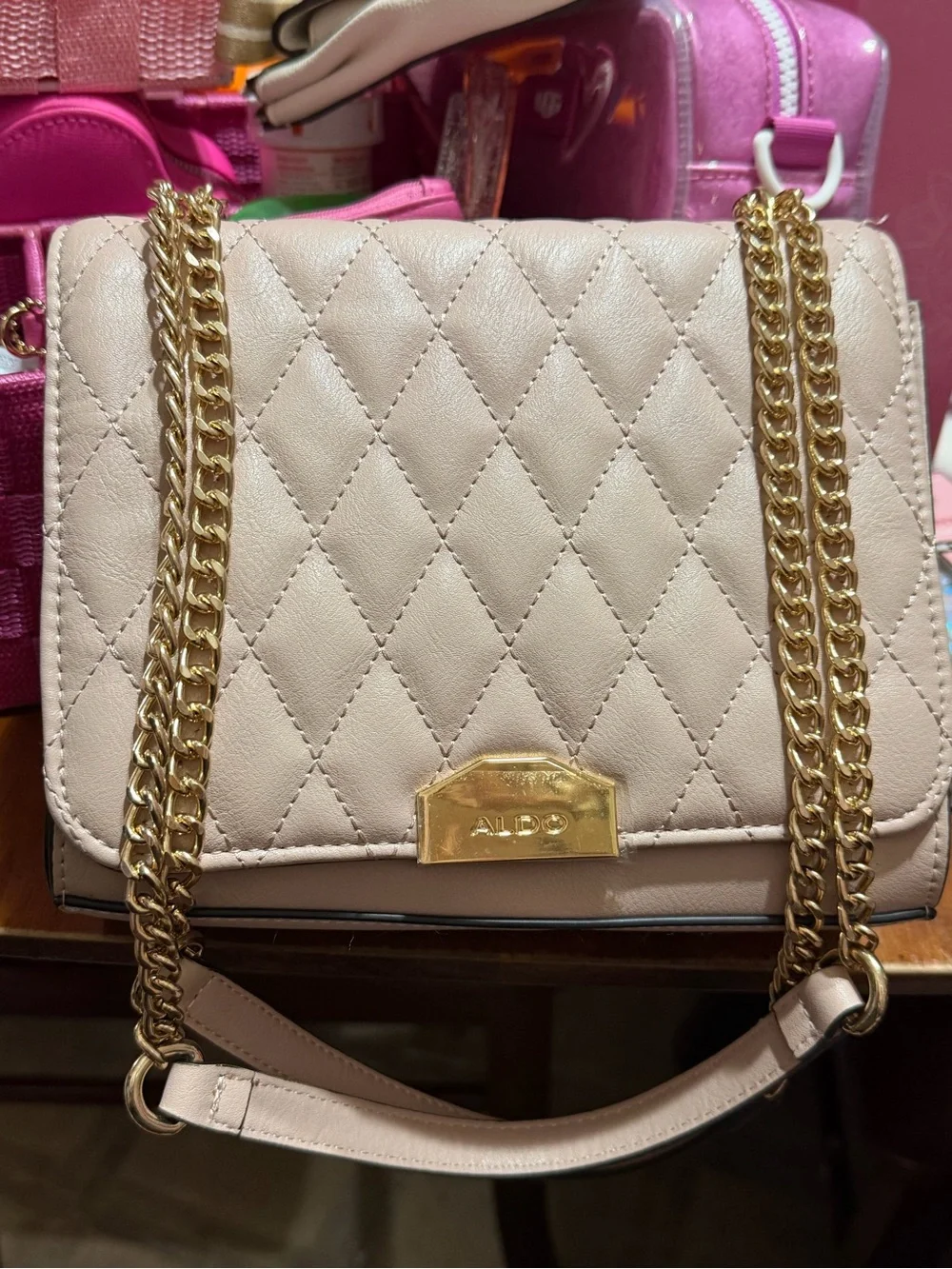 ALDO Quilted Cream Shoulder Bag with Gold Chain